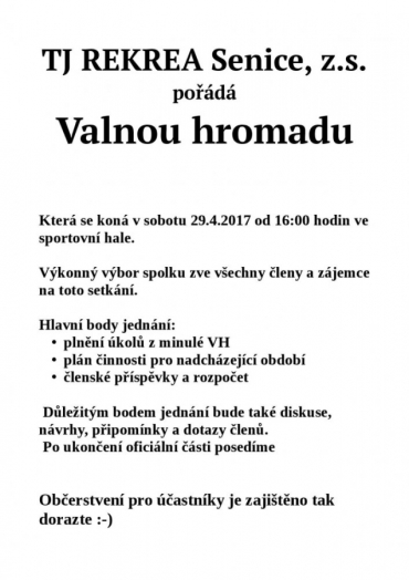 Valná hromada TJ REKREA Senice, z.s.